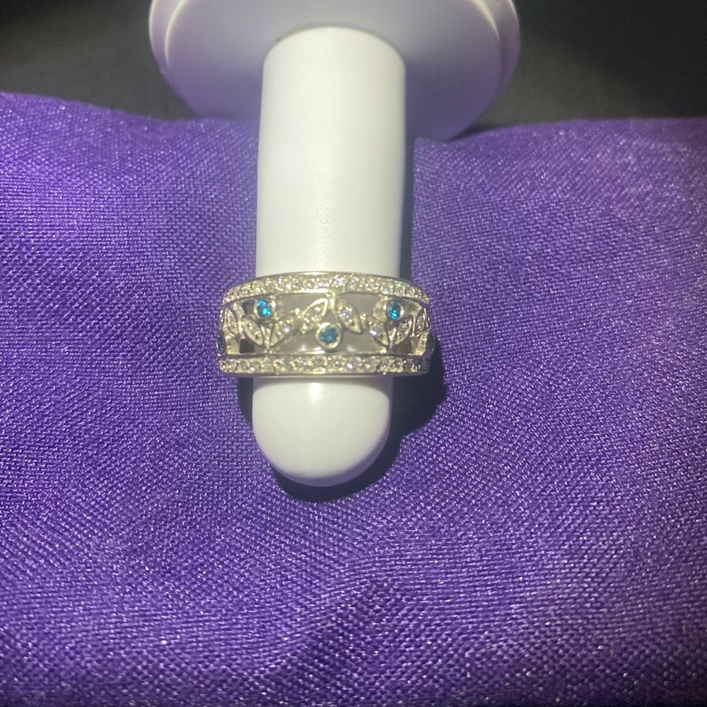 Solid 14k White Gold Ring With Blue Diamonds - image 1